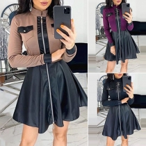 Fashion Contrast Color Long Sleeve PU Leather Spliced Dress