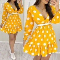 Sexy V-neck Long Sleeve Ruffle Hem Dots Printed Dress
