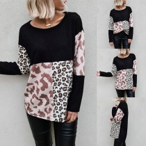 Fashion Leopard Spliced Long Sleeve Round Neck Sweater
