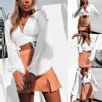 Sexy V-neck Lantern Sleeve Solid Color Crop Top