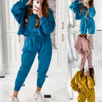 Fashion Solid Color Lantern Sleeve Sweatshirt + Pants Two-piece Set