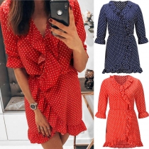 Sexy V-neck Half Sleeve Dots Printed Ruffle Dress
