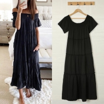 Sexy Off-shoulder Boat Neck Short Sleeve Solid Color Dress