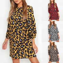 Fashion 3/4 Sleeve Round Neck Leopard Printed Dress