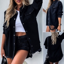 Fashion Long Sleeve POLO Collar Ripped Denim Shirt(The size falls big)