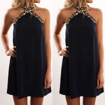 Sexy Off-shoulder Leopard Spliced Crossover Halter Dress
