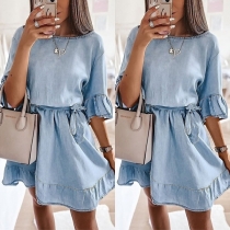 Fashion Half Sleeve Round Neck Ruffle Hem Denim Dress