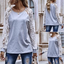 Fashion Lace Spliced Long Sleeve Round Neck Shirt