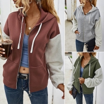 Fashion Contrast Color Long Sleeve Hooded Sweatshirt Coat
