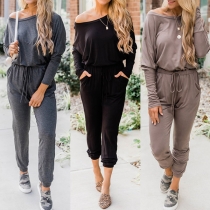 Sexy Off-shoulder Boat Neck Long Sleeve Solid Color Jumpsuit