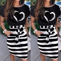 Fashion Short Sleeve Round Neck Heart Striped Spliced Dress