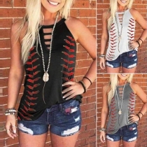 Fashion Sleeveless Round Neck Hollow Out Printed Tank Top