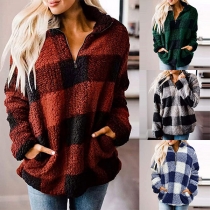 Fashion Long Sleeve Stand Collar Plaid Plush Sweatshirt
