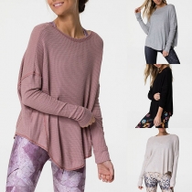 Fashion Solid Color Long Sleeve Round Neck Irregular Hem Loose T-shirt