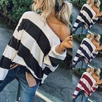 Fashion Long Sleeve Round Neck Loose Striped Shirt
