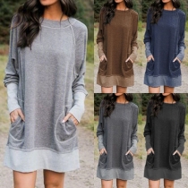 Fashion Contrast Color Long Sleeve Round Neck Sweatshirt Dress