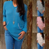Fashion Solid Color Long Sleeve V-neck Knit Top