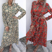Fresh Style Long Sleeve POLO Collar Printed Shirt Dress