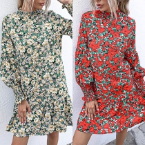 Fresh Style Lantern Sleeve Stand Collar Printed Dress
