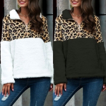 Fashion Leopard Spliced Long Sleeve Stand Collar Plush Sweatshirt