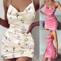 Sexy Backless Cowl Neck Slim Fit Printed Sling Dress