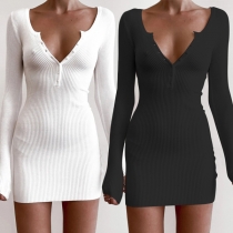 Sexy V-neck Long Sleeve Solid Color Slim Fit Dress