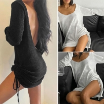 Sexy Backless Long Sleeve U-neck Side-drawstring Smock