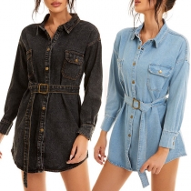Fashion Long Sleeve POLO Collar Denim Dress with Waist Strap