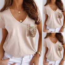 Fashion Sequin Spliced Short Sleeve V-neck T-shirt