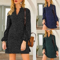 Fashion Long Sleeve V-neck Dots Printed Dress