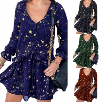 Fashion Long Sleeve V-neck Star Printed Dress