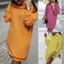 Fashion Solid Color Long Sleeve Hooded Sweatshirt Dress