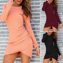 Fashion Solid Color Long Sleeve Round Neck Irregular Hem Slim Fit Dress