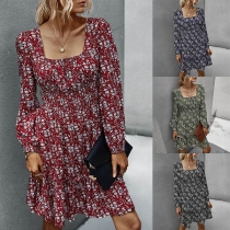 Fashion Long Sleeve Square Collar Printed Dress