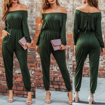 Sexy Off-shoulder Boat Neck Long Sleeve High Waist Solid Color Jumpsuit