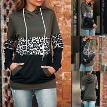 Fashion Leopard Spliced Long Sleeve Hooded Contrast Color Sweatshirt