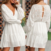 Sexy Deep V-neck Long Sleeve Solid Color Hollow Out Dress