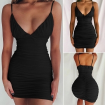 Sexy Backless Deep V-neck Solid Color Slim Fit Sling Dress