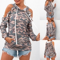 Sexy Off-shoulder Long Sleeve Hooded Camouflage Printed Sweatshirt
