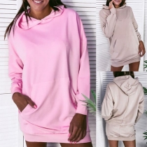 Fashion Solid Color Long Sleeve Hooded Sweatshirt Dress