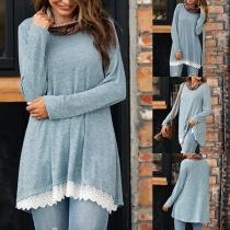 Fashion Long Sleeve Cowl Neck Lace Spliced Hem T-shirt