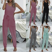 Fashion Solid Color Sleeveless Round Neck High Waist Jumpsuit