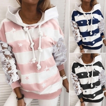 Fashion Lace Spliced Long Sleeve Thin Hooded Striped Sweatshirt