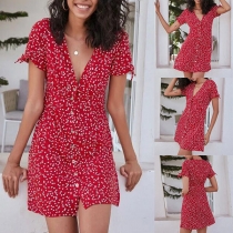 Sexy V-neck Short Sleeve Front-button Printed Dress