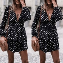Sexy Deep V-neck Long Sleeve High Waist Dots Printed Dress