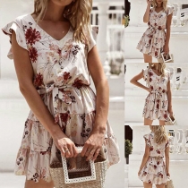 Fresh Style Lotus Sleeve V-neck Printed Dress