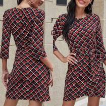 Fashion 3/4 Sleeve Round Neck Plaid Printed A-line Dress