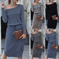 Sexy Oblique Shoulder Long Sleeve Slit Hem Solid Color Dress