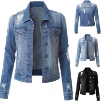 Fashion Long Sleeve POLO Collar Ripped Denim Coat