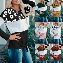 Fashion Leopard Spliced Long Sleeve Knotted Hem T-shirt